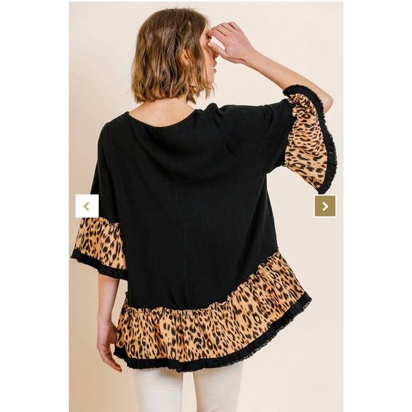 Umgee Linen Blend Animal Print Bell Sleeve Top Black Flowy 1X Ruffle - Picture 9 of 9